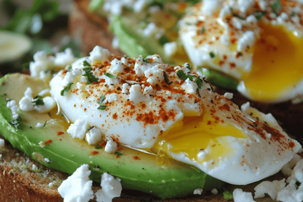 Sunday Brunch: Avocado Toast with Poached Eggs, Feta & Chili Oil