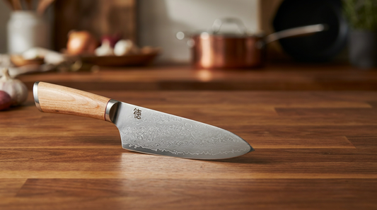 Haruta VG10 Damascus steel Japanese gyuto chef knife on a wooden kitchen worktop