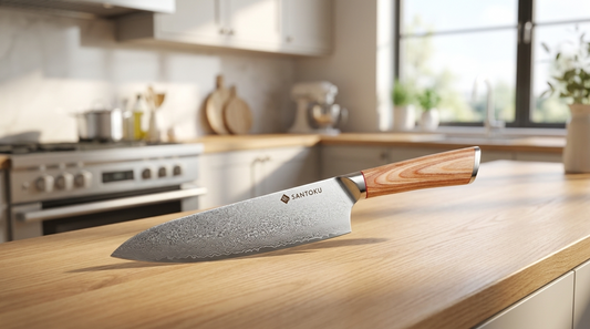 A Japanese Damascus VG10 gyuto chef knife with the Santoku Knives logo on the blade, on a light-oak worktop