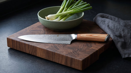 Haruta VG10 Damascus gyuto resting on an end-grain walnut chopping board on a charcoal soapstone worktop