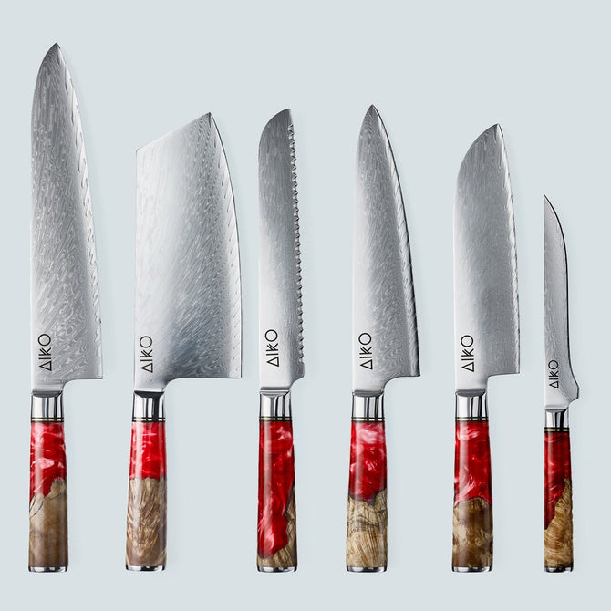 Aiko Red Damascus Steel Knife with Coloured Red Resin Handle